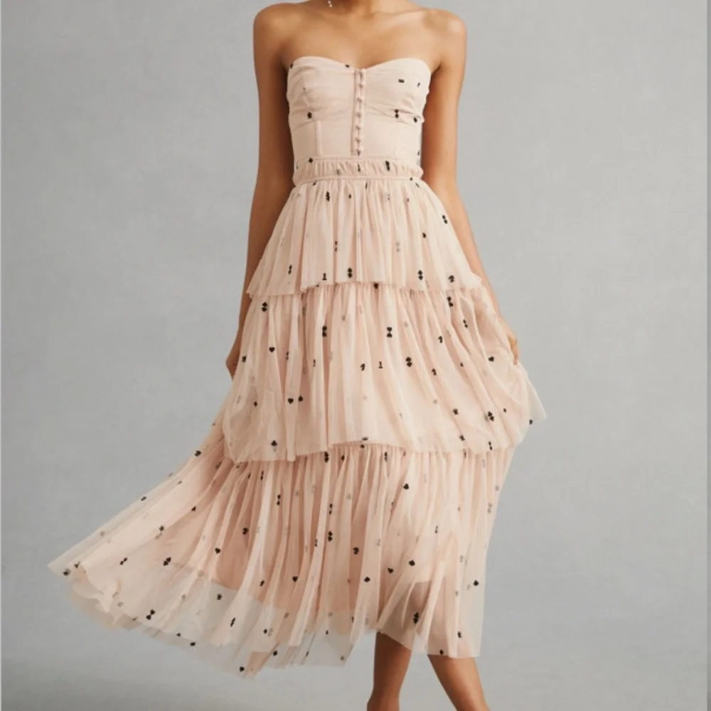 Maeve Strapless Blush Pink Tiered Tulle Maxi Dress with Black Dot Embellishments - Picture 1 of 5